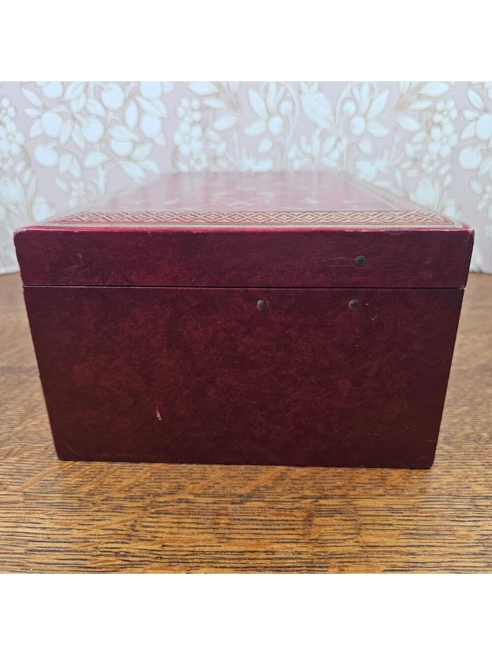 Vintage Mele Jewelry Box Burgundy Gold Tooled 2 Tier Locking Original Key